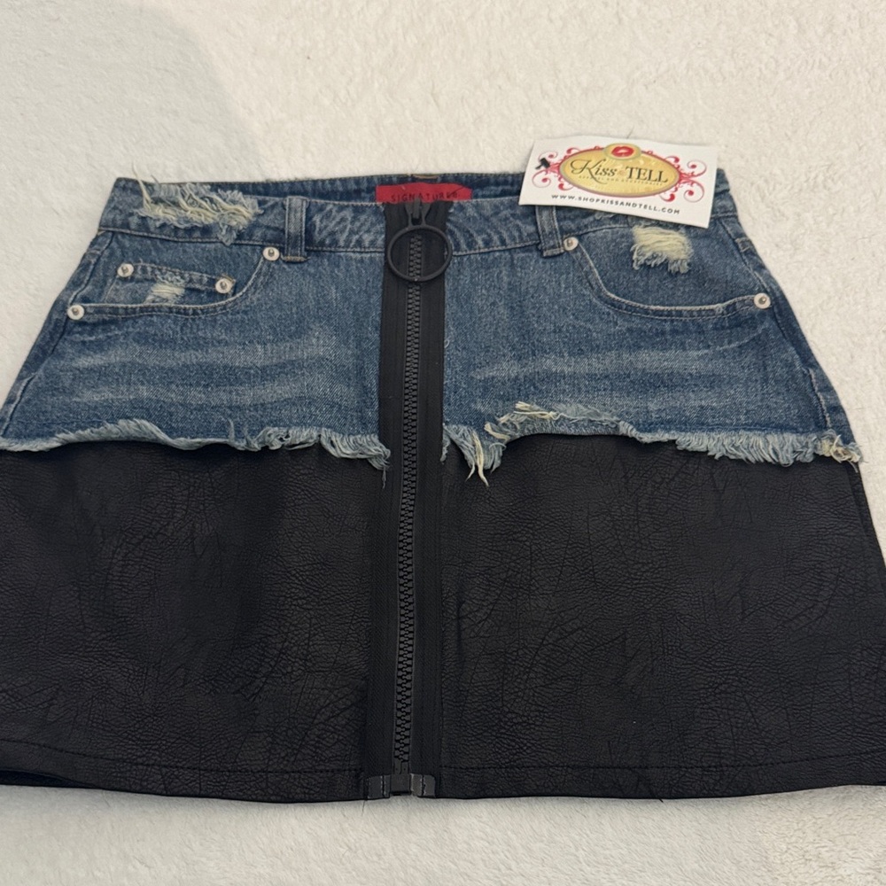 Signature8 Distressed Denim and Black Mini Skirt NWT